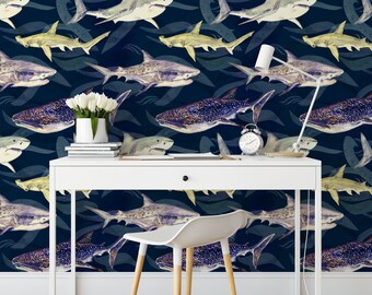 Sharks Wallpaper, Removable Wallpaper, Self Adhesive Wallpaper, Pasted Wallpaper, Mural, Temporary, Feature Wall