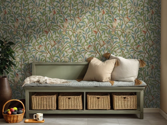 Vintage Birds in Trees, Removable Wallpaper, Self Adhesive Wallpaper, Pasted Wallpaper, Mural, Temporary, Feature Wall