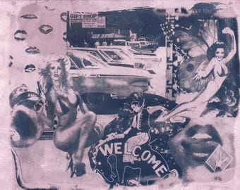Impression d'art Rodeo Playboy cyanotype, collage, vintage, fait main
