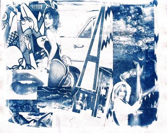 Scarlett Letter Playboy, impression cyanotype, beaux-arts, collage fait main, vintage