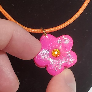 Pink Flower Necklace: Polymer Clay Pendant with Orange Gemstone