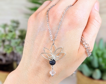 Diffuser Lotus Flower necklace, floral, wirewrapped pendant, spring jewelry, handmade artisan jewelry, wire art jewelry, gemstone necklace