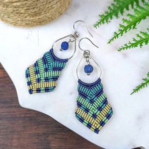 Blue Teal Macrame Diffuser Earrings, Lava Bead, Boho Hippie