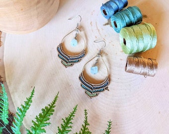 Aquamarine Macrame Earrings, Boho Crystal Jewelry