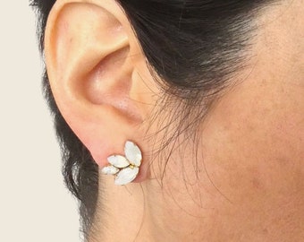 Dainty bridal earrings, white opal Swarovski crystal earrings, dainty crystal earrings, Swarovski studs, wing stud earrings