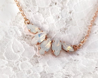 Opal bridal necklace, white opal necklace, cluster pendant necklace, wedding crystal necklace, dainty bridal necklace