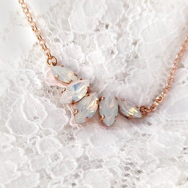 Opal bridal necklace, white opal necklace, cluster pendant necklace, wedding crystal necklace, dainty bridal necklace