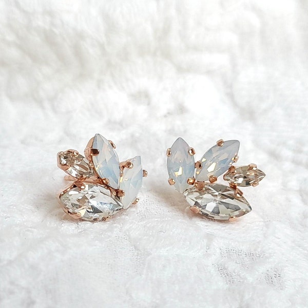 Dainty crystal wedding earrings, opal bridal earrings, white opal bridal studs, opal stud earrings, delicate bride earrings