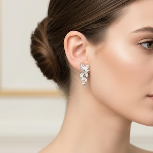 May include: A silver-toned earring featuring a cluster of clear, marquise-cut stones arranged in a leaf-like pattern. The earring is attached to the earlobe and extends downwards with a series of smaller, faceted stones in a vertical drop design.