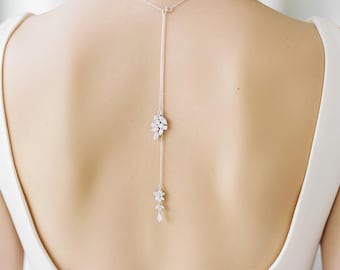 Cubic Zirconia Bridal Backdrop Chain Necklace for Wedding , Dainty Back Jewelry
