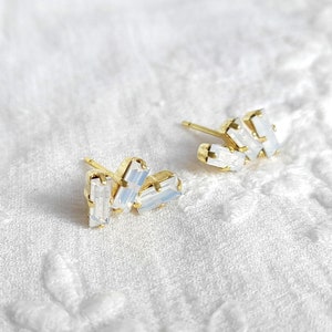 White opal baguette earrings, opal earrings, three baguette earrings, crystal earrings, bridesmaid earrings