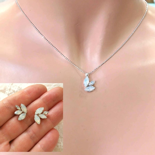 Wedding jewelry sets, bridal jewelry set for bride, white opal pendant necklace, crystal jewelry set, Swarovski jewelry set