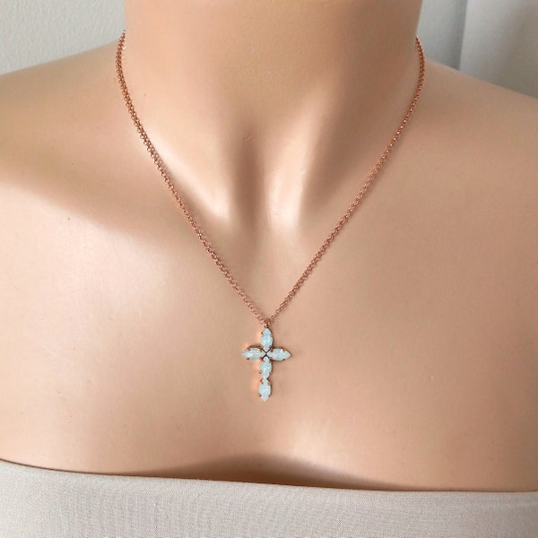 Collier croix en or rose pour femme, collier pendentif croix, pendentif croix en cristal, pendentif opale blanche, collier Swarovski, cadeaux catholiques