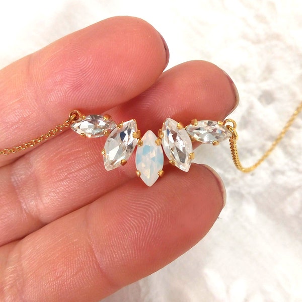 Wedding crystal necklace, opal bridal necklace, cluster pendant necklace, dainty bridal necklace with Swarovski crystals