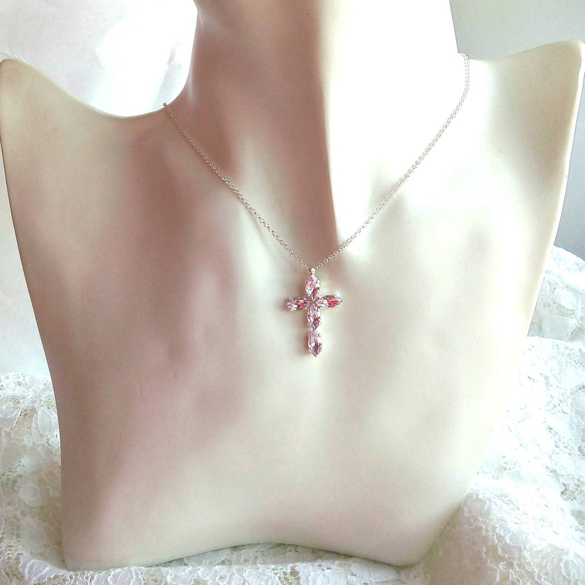 Bridal Cross Necklace Pink Cross Necklace Cross Pendant Etsy