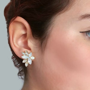 Opal bridal earrings, dainty cluster earrings, white opal wedding earrings, cluster wedding crystal earrings, Swarovski earrings