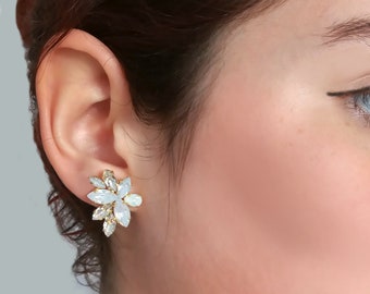 Opal bridal earrings, dainty cluster earrings, white opal wedding earrings, cluster wedding crystal earrings, Swarovski earrings