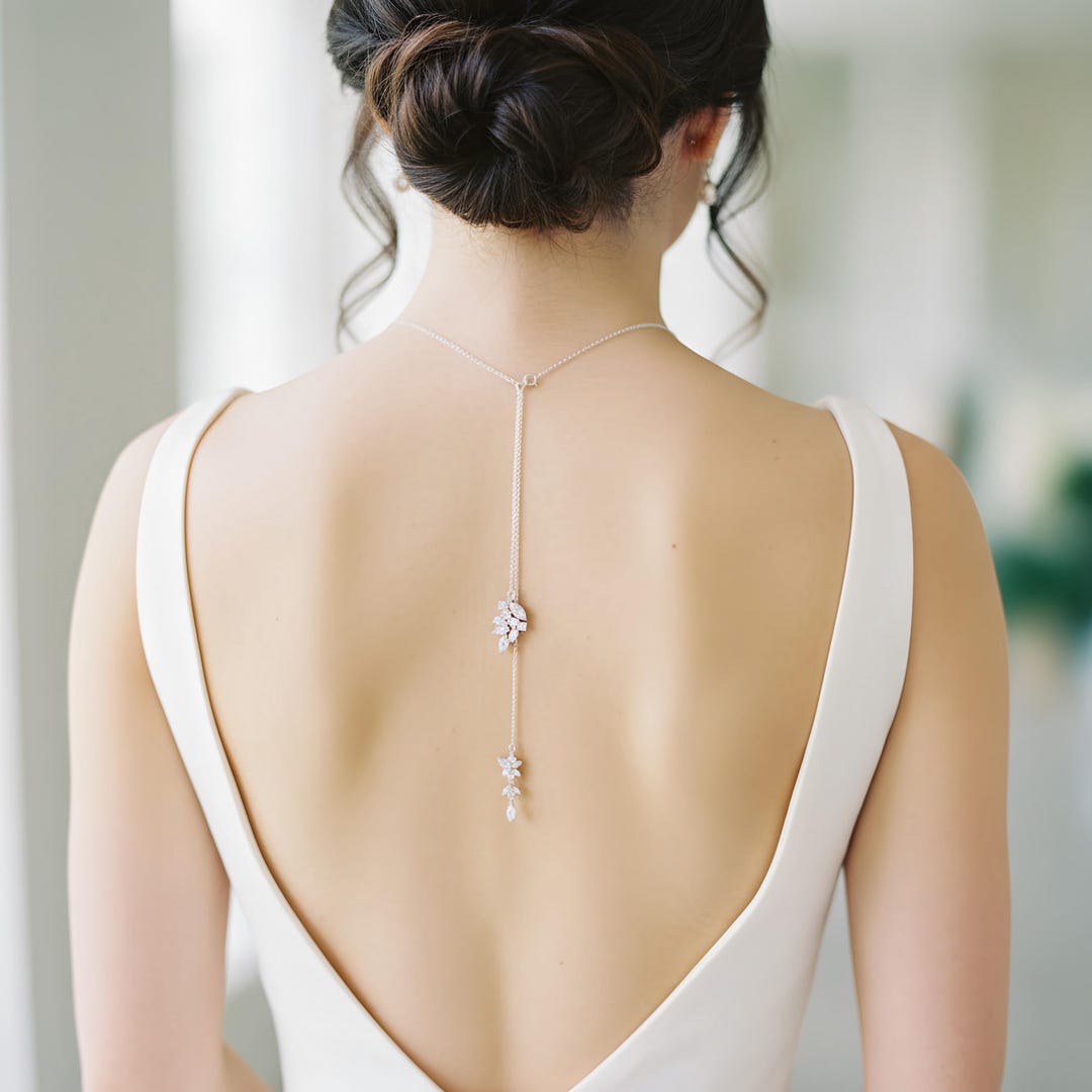 Backdrop Chain Cubic Zirconia Bridal Backdrop Chain Necklace for Wedding , Dainty Back ...