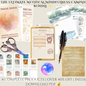 May include: A digital bundle titled The Ultimate Mythical Mindfulness Campaign featuring The Phoenix Journal, a Daily Quest Log on a clipboard, a black feather quill, ornate scissors, a faceted crystal sphere, and various printed prompt cards.