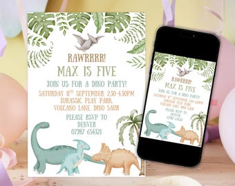 May include: A dinosaur-themed birthday party invitation with the text "RAWRRRR! MAX IS FIVE". The invitation features watercolor illustrations of dinosaurs, palm trees, and ferns. A smartphone displays the same invitation.