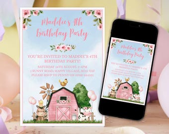 Farm Birthday Invitation, Editable Canva Template (Digital Download)