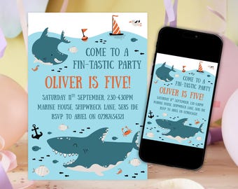 May include: A party invitation with a shark theme. The invitation reads "Come to a Fin-tastic Party! Oliver is Five!" in orange and blue. The design includes cartoon sharks, fish, and nautical elements.