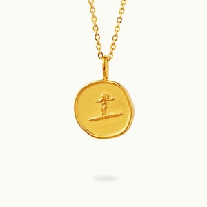 ゴールドオーシャンウェーブサーフペンダントネックレス、両面デザイン、ウェーブ＆ロングボーダー、18Kメッキステンレススチール