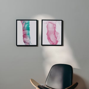 Set of Two Red Green Ink Minimalist Abstract Wall Art Prints, Digital Download, Living Room Wall Décor, Office Painting