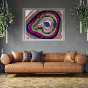 Agate Slice Geode Art Print, Abstract Painting, Mixed Media Artwork, Red Gold Magenta, Living Room Wall Decor, Rock Gift