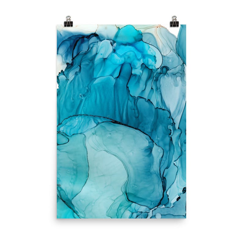 Teal Abstract Art Print Blue Ink Painting 16x20 24x36 Etsy