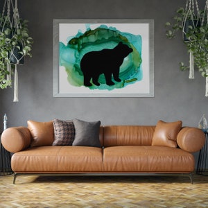 Green Bear Silhouette Animals, Mixed Media Art Print, Abstract Rustic Painting, Living Room Decor, Cabin Wall Artwork