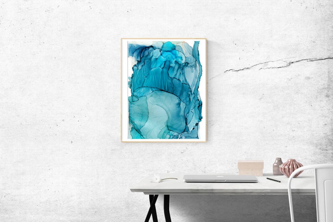 Teal Abstract Art Print Blue Ink Painting 16x20 24x36 Etsy