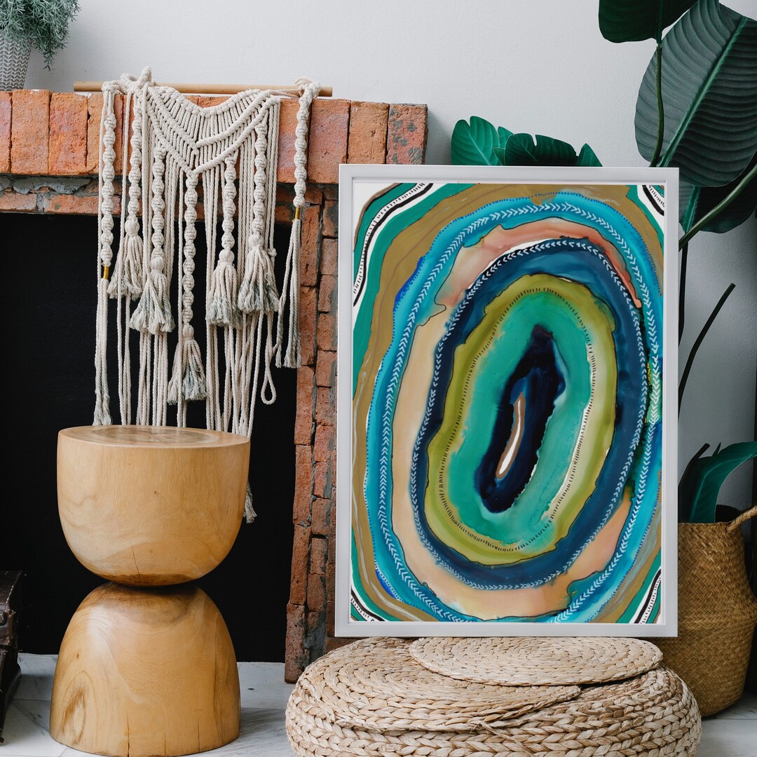Agate Slice Geode Art Print, Blue Green Gold Turquoise Abstract ...