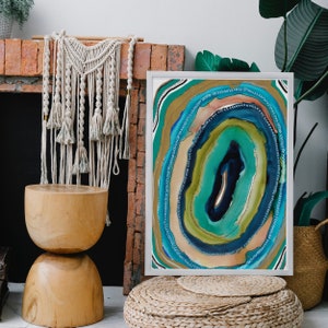 Agate Slice Geode Art Print, Blue Green Gold Turquoise abstract Painting, Colorful Living Room and Cabin Wall décor, Mixed Media Artwork