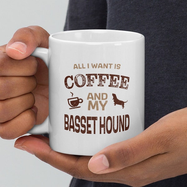 Basset Hound Coffee Mug, White Glossy Coffee Mug, Hush Puppy Dog Owner Gift, Coffee Cup for Dog Lover, Present for Canine Fanatic, Hot