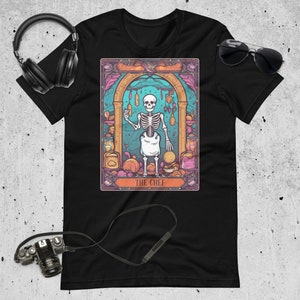 Camiseta de presente para amantes de cozinha, presente culinário exclusivo, esqueleto, cartão de tarô, camiseta unissex, presente para amantes de chef, cartão de tarô