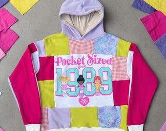 Polly Pocket Pink Green Lavender Upcycled Hand Crafted Patchwork Hoodie