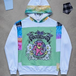Grateful Dead Green Dancing Bear Patch Upcycled Hand Crafted Patchwork Hoodie