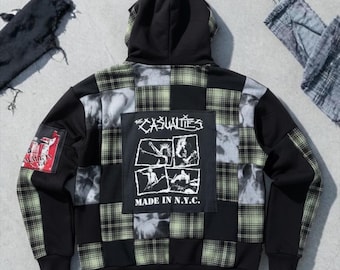 The Casualties Punk Band Grönrutig Hoodie i återvunnet, handgjort lapptäcke