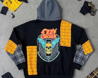 Ozzy Osbourne Patched Bat Plaid Upcycled Hand Crafted Patchwork Kangaroo Hoodie