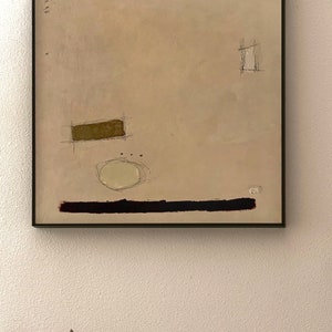 May include: Abstract painting with a beige background, a black horizontal line, a brown rectangle, a white circle, and gray lines.