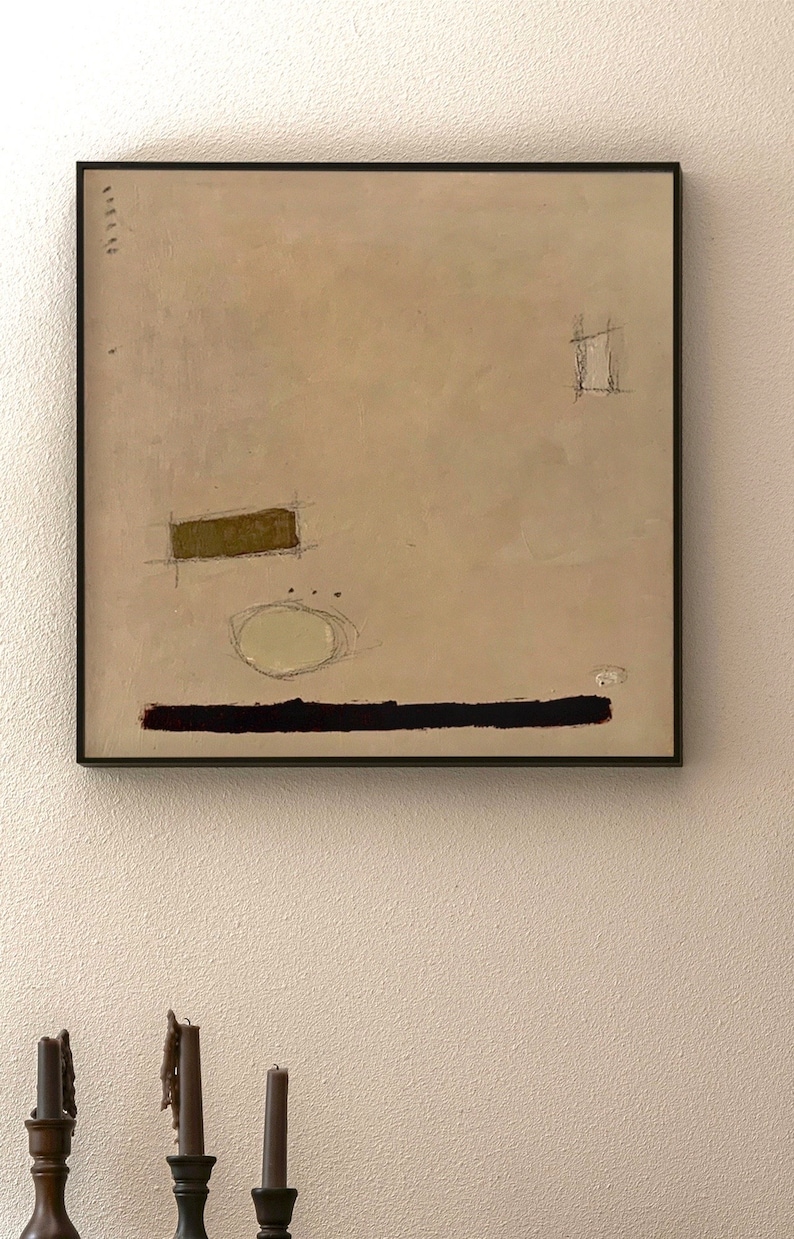 May include: Abstract painting with a beige background, a black horizontal line, a brown rectangle, a white circle, and gray lines.