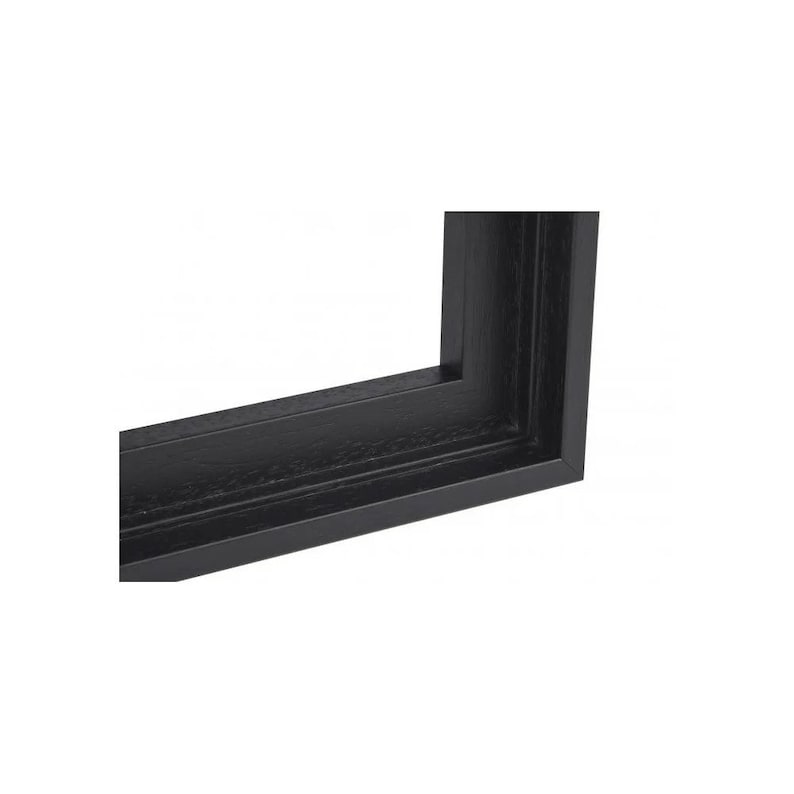 May include: Black wood picture frame with a simple, clean design. The frame has a smooth, polished finish.