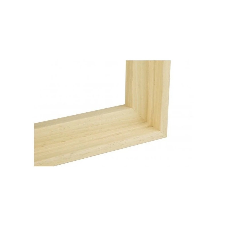 May include: A close-up of the corner of a natural wood picture frame. The frame is made of solid wood with a light, natural finish.