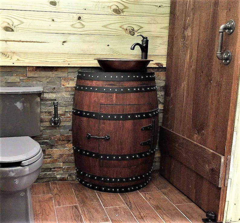 Rustic 1 2 Wine Barrel Bathroom Sink Vanity W Hammered Copper Etsy