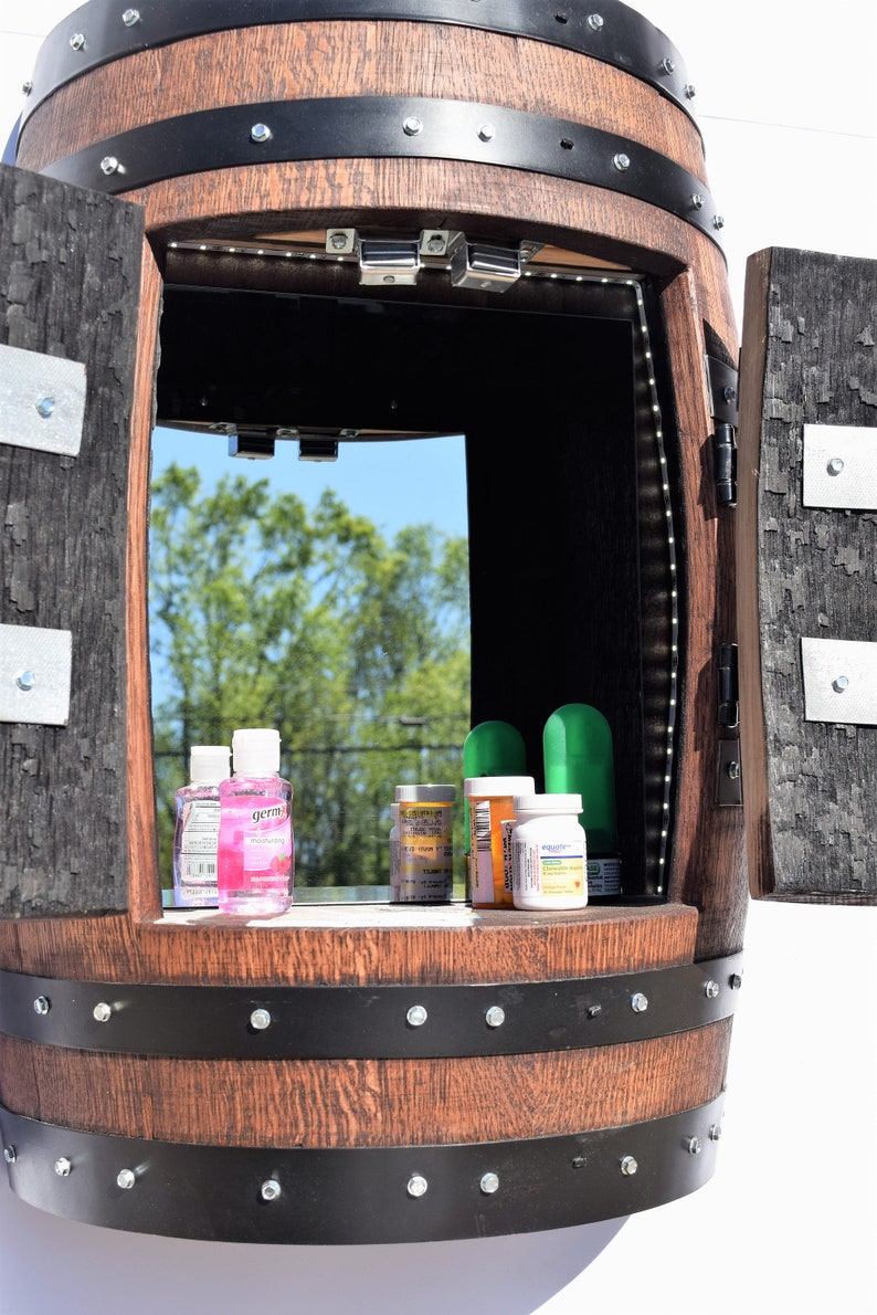 Rustic Wood Whiskey Barrel Medicine Cabinet With Mirror And Etsy