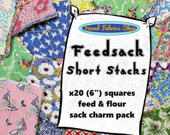 Feedsack Short Stack ! 20pc (6") rainbow selection of genuine 1940s feed sack and flour bag fabrics for quilting, sewing, patchwork, charm