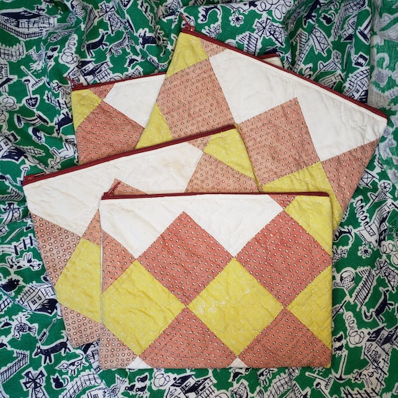 Antique Quilted Zipper Pouch, Squishy! Handmade from a 1900s Irish Chain Quilt 5" x 8"
