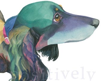 Longhaired Dachshund fine art print of original watercolor painting. Limited edition.