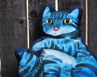 Small Velvet Striped Kitty Pillow / Watercolor Cat Shaped Pillow / Blue Tabby